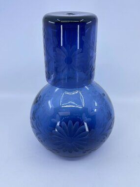 vintage hand blown blue glass tumble up with detailed floral etching